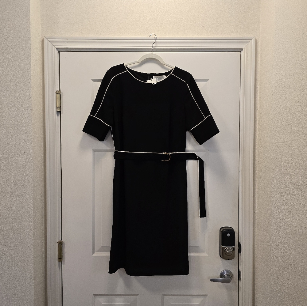 Hugo Boss Belted Black Shift Dress with White Piping